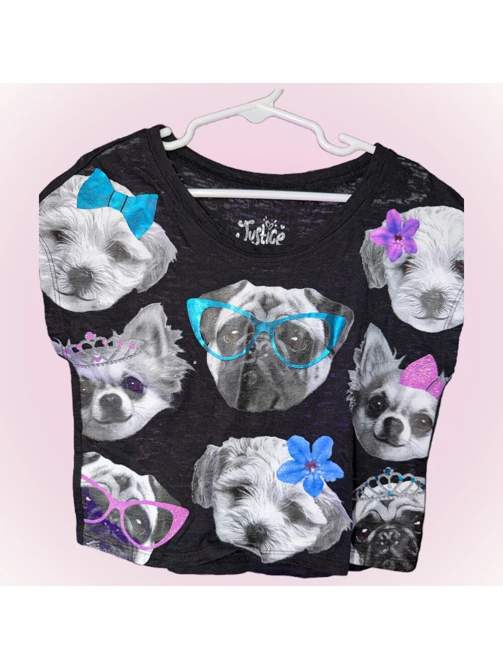 Girls Size 6 Black Sleeveless Top / Shirt by Justice | Dogs with Bows & Glasses